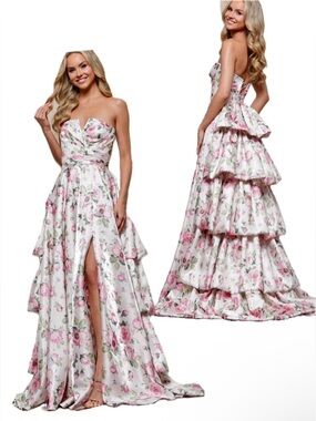 Colors Dress 3608 - Floral Printed V-Neck Prom Gown Sz 4